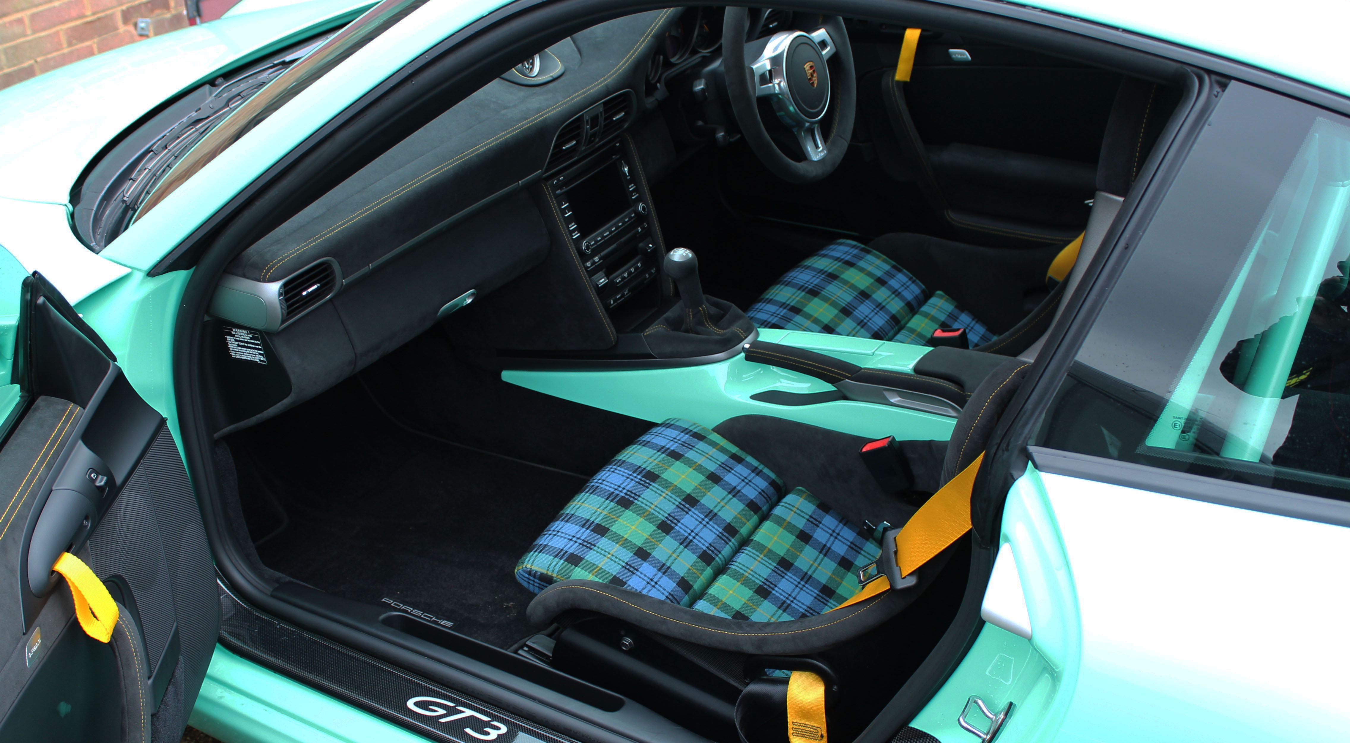 Porsche 911 997 gt3 bespoke Alcantara interior with tartan carbon bucket seats by Designls ltd